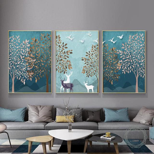 Nordic Wall Art Landscape Poster Korean Decor Interior Paintings Forest  Deer Canvas Picture for Living Room